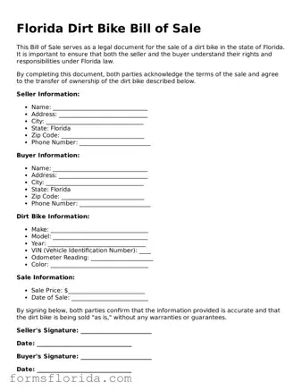 Printable  Dirt Bike Bill of Sale Document for Florida