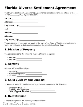 Printable  Divorce Settlement Agreement Document for Florida