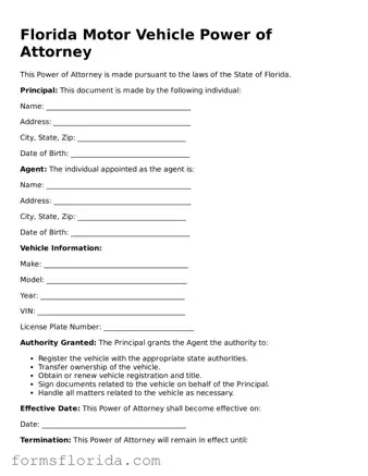 Printable  Motor Vehicle Power of Attorney Document for Florida