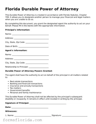 Printable  Durable Power of Attorney Document for Florida