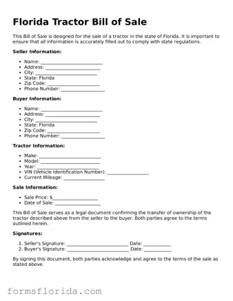 Printable  Tractor Bill of Sale Document for Florida