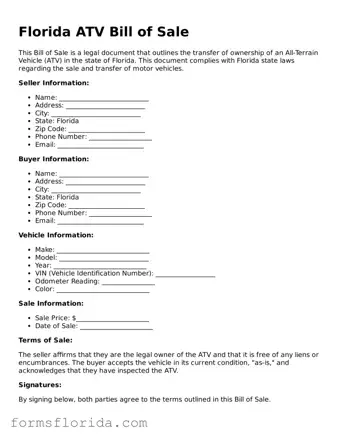 Printable  ATV Bill of Sale Document for Florida