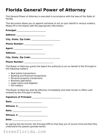 Printable  General Power of Attorney Document for Florida
