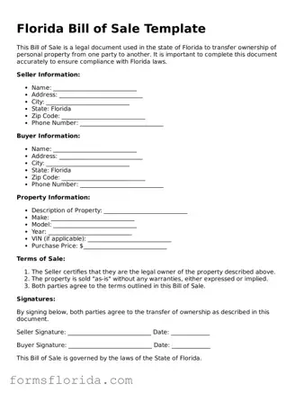 Printable  Bill of Sale Document for Florida