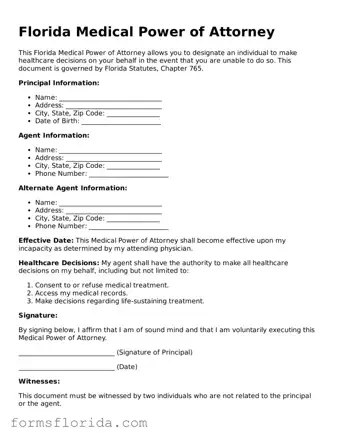 Printable  Medical Power of Attorney Document for Florida