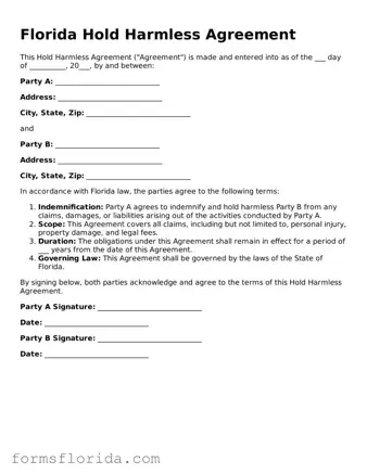 Printable  Hold Harmless Agreement Document for Florida