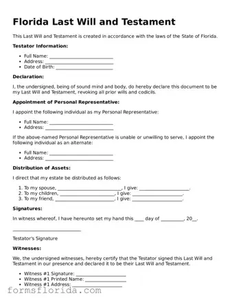 Printable  Last Will and Testament Document for Florida