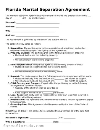 Printable  Marital Separation Agreement Document for Florida