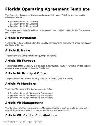Printable  Operating Agreement Document for Florida