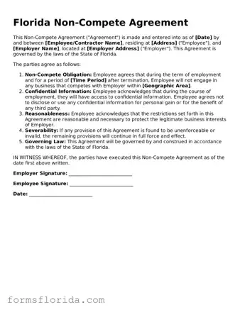 Printable  Non-compete Agreement Document for Florida