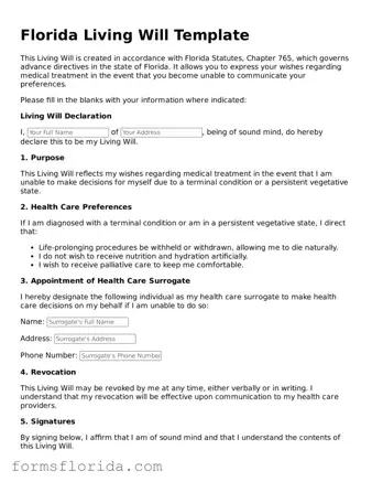 Printable  Living Will Document for Florida
