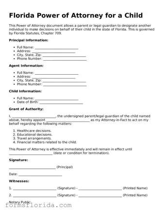 Printable  Power of Attorney for a Child Document for Florida