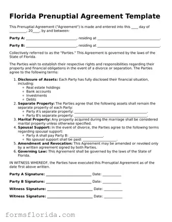 Printable  Prenuptial Agreement Document for Florida
