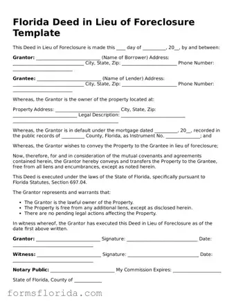 Printable  Deed in Lieu of Foreclosure Document for Florida