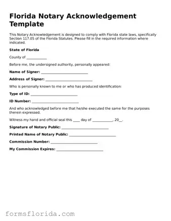 Printable  Notary Acknowledgement Document for Florida