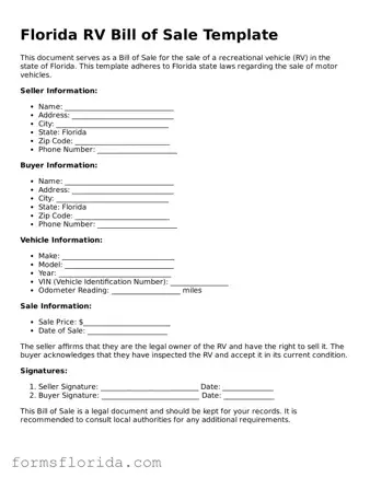 Printable  RV Bill of Sale Document for Florida