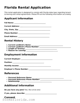 Printable  Rental Application Document for Florida