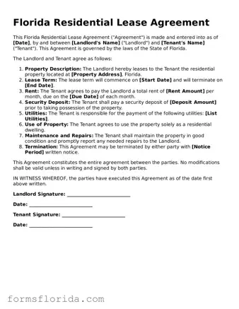 Printable  Residential Lease Agreement Document for Florida