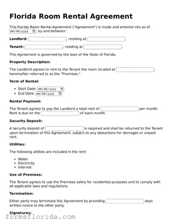 Printable  Room Rental Agreement Document for Florida