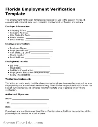 Printable  Employment Verification Document for Florida