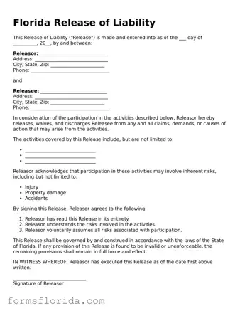 Printable  Release of Liability Document for Florida