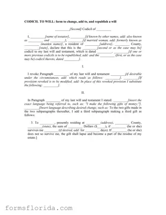 Fill in Your Florida Codicil Form