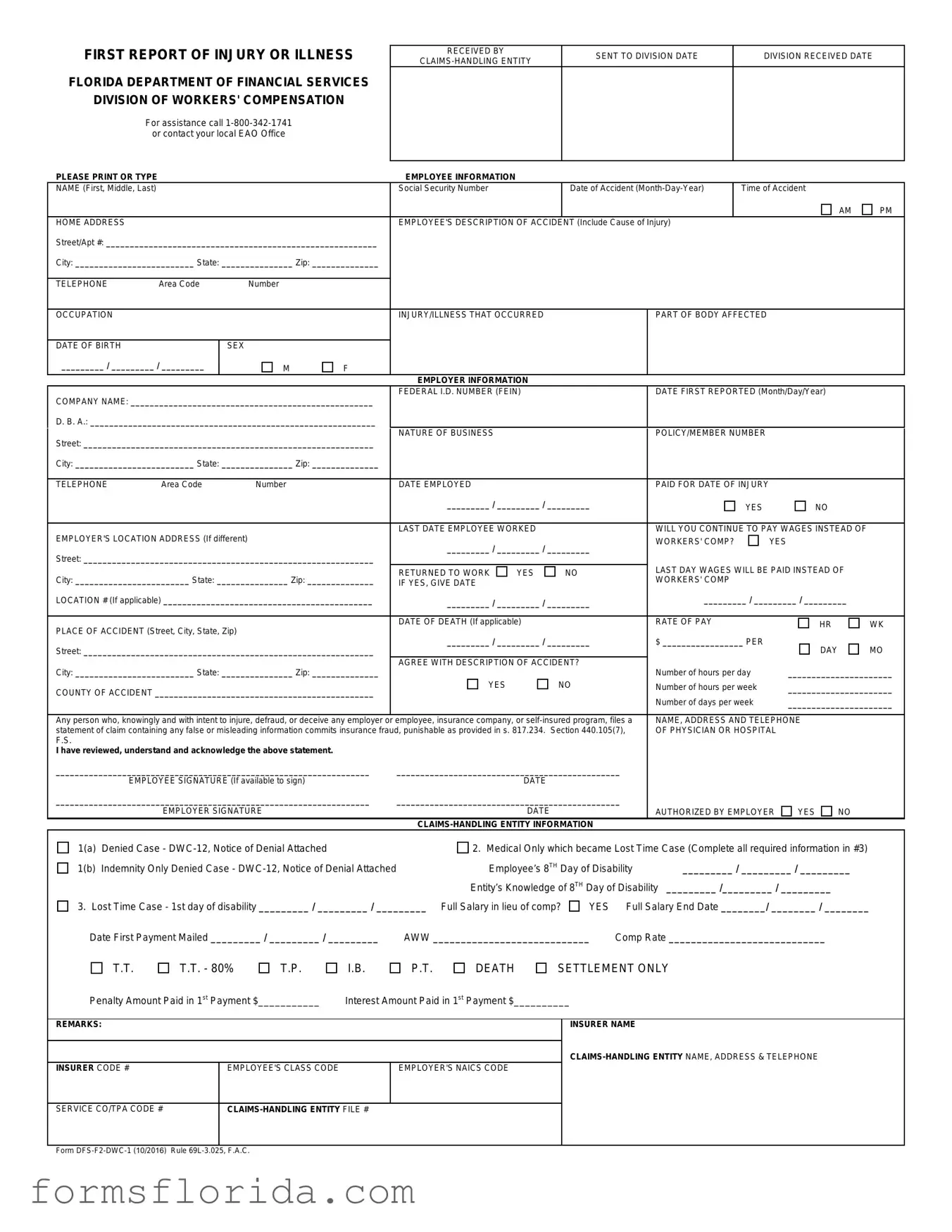 Fill in Your First Report Of Injury Florida Form